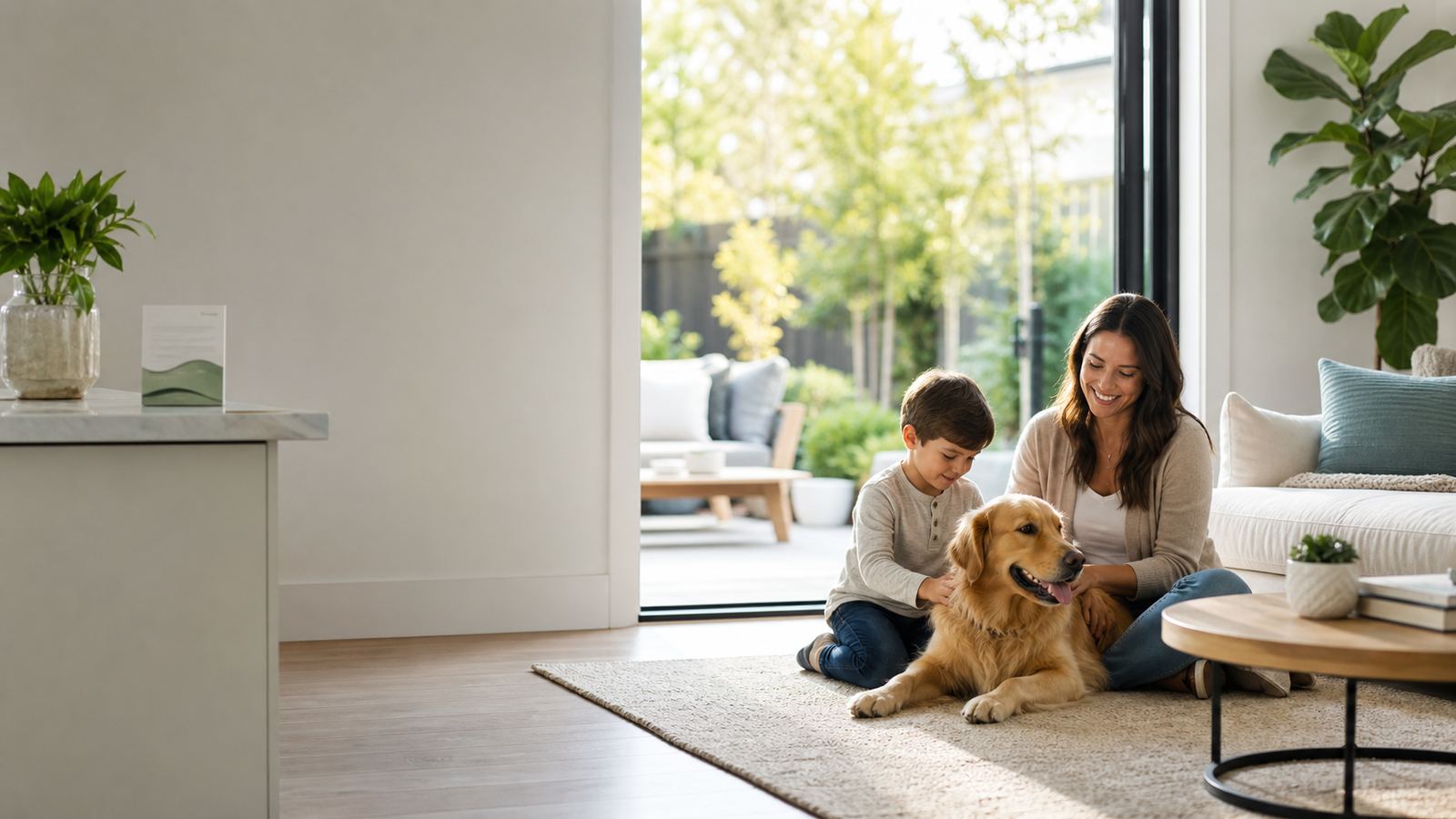 Parent, child, and dog relaxing in a bright family room