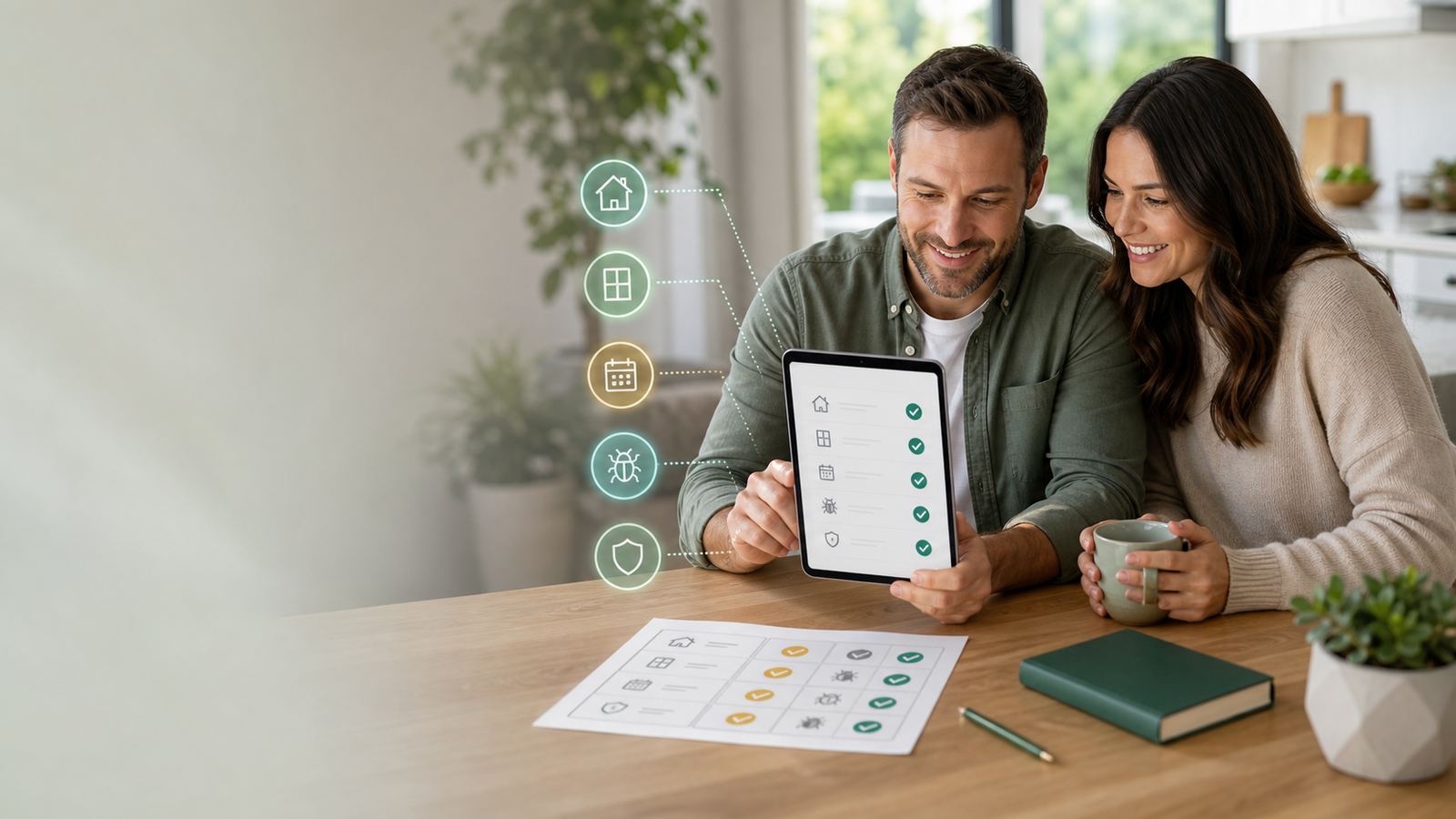 Homeowner reviewing a clear pest control service checklist at a kitchen table