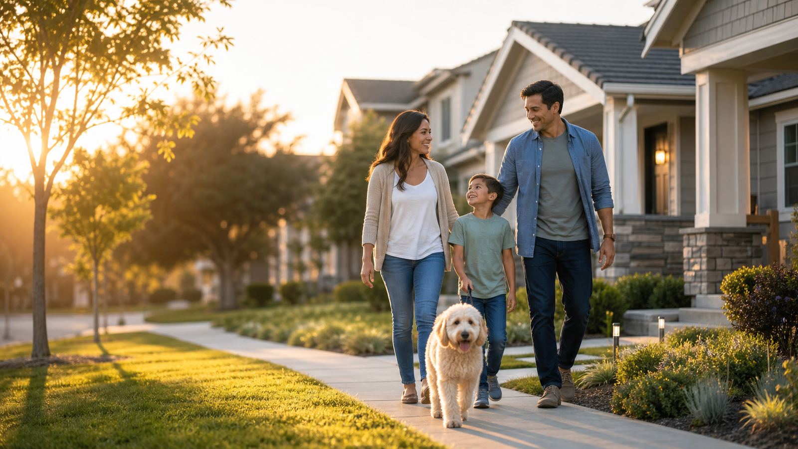 Family walking with a dog outside a comfortable suburban home at golden hour