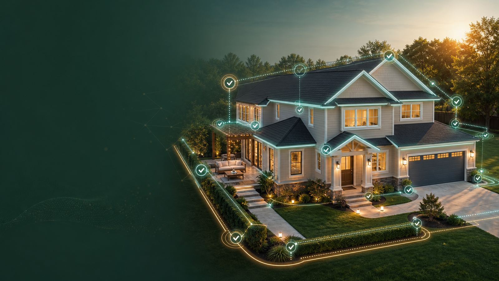 Modern home with subtle whole-home protection zones around the property